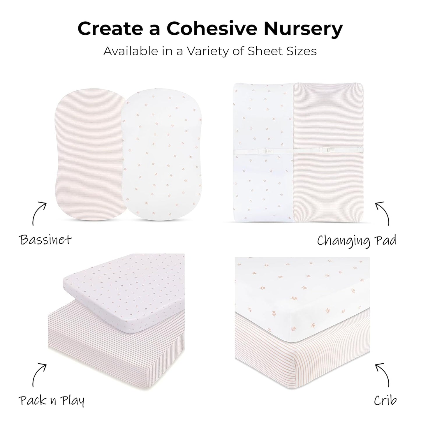 Ely’S & Co. Pack and Play Sheets, for Mini/Portable Crib, 2 Pack Fitted Playpen Play Yard Sheet Set Compatible with Graco Pack N Play, for Baby Girls, 100% Cotton, Pink Tulips and Stripes, 38”X24”X5”