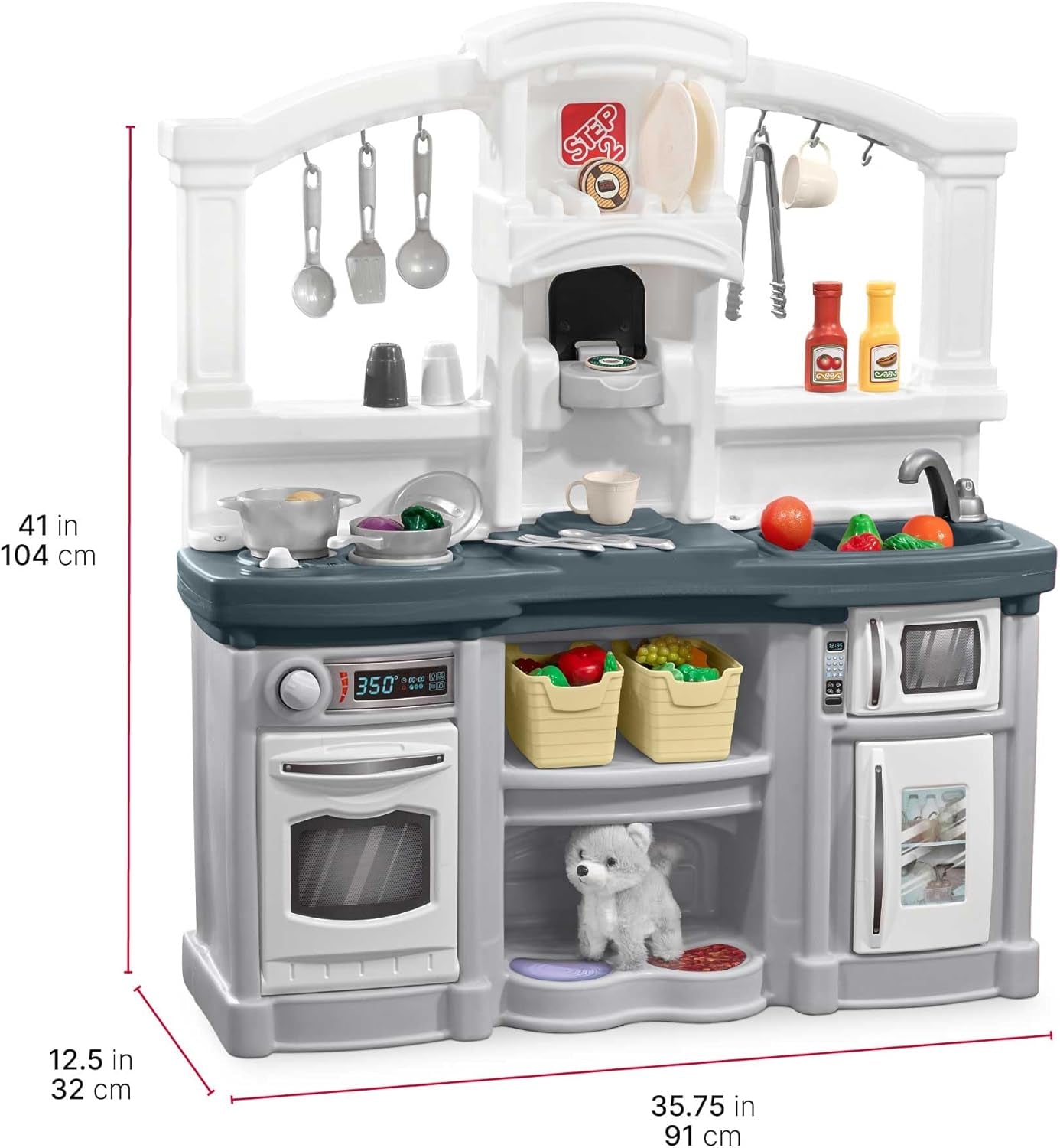 Fun with Friends Kids Kitchen Playset, Indoor/Outdoor Kitchenette with Lights & Sounds, Durable Plastic, 25-Piece Toy Accessories, Toddlers 2+ Years, Gray