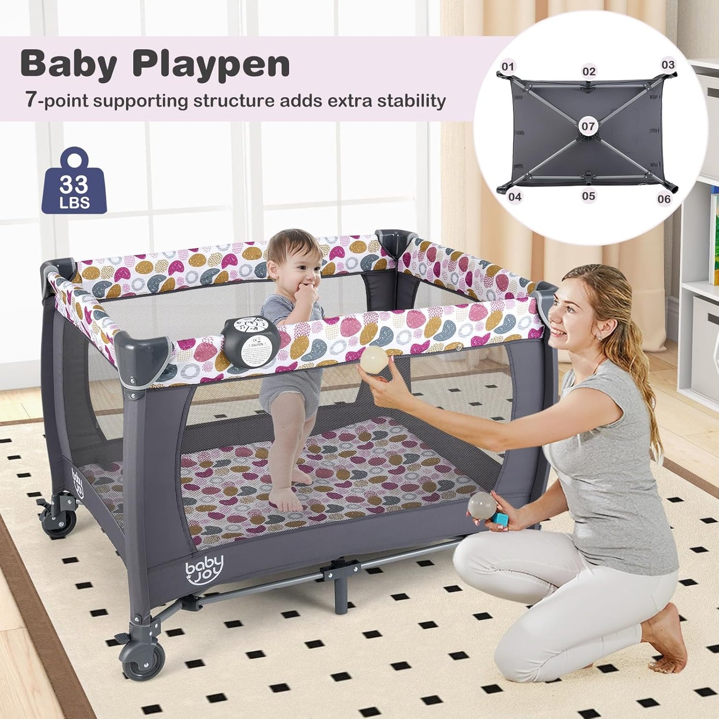 5 in 1 Pink Pack and Play, Portable Baby Playard with Bassinet & Changing Table, Infant Pink Girl Bassinet Nursery Center W/Toys & Music & Oxford Bag for Baby Toddlers (Rose, Dot Circle)
