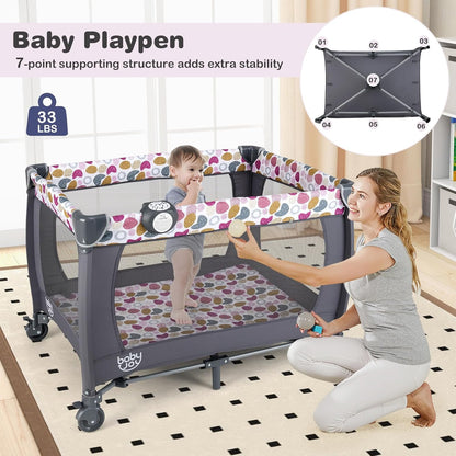 5 in 1 Pink Pack and Play, Portable Baby Playard with Bassinet & Changing Table, Infant Pink Girl Bassinet Nursery Center W/Toys & Music & Oxford Bag for Baby Toddlers (Rose, Dot Circle)