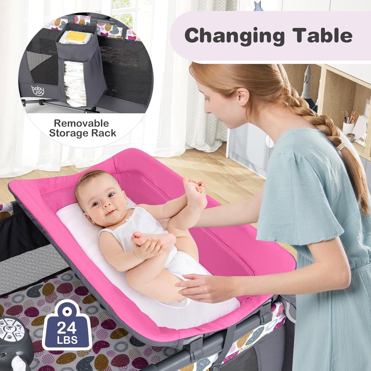 5 in 1 Pink Pack and Play, Portable Baby Playard with Bassinet & Changing Table, Infant Pink Girl Bassinet Nursery Center W/Toys & Music & Oxford Bag for Baby Toddlers (Rose, Dot Circle)