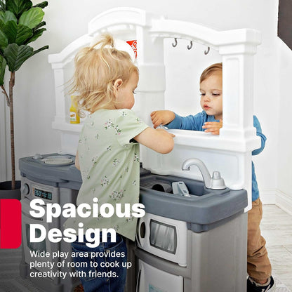 Fun with Friends Kids Kitchen Playset, Indoor/Outdoor Kitchenette with Lights & Sounds, Durable Plastic, 25-Piece Toy Accessories, Toddlers 2+ Years, Gray