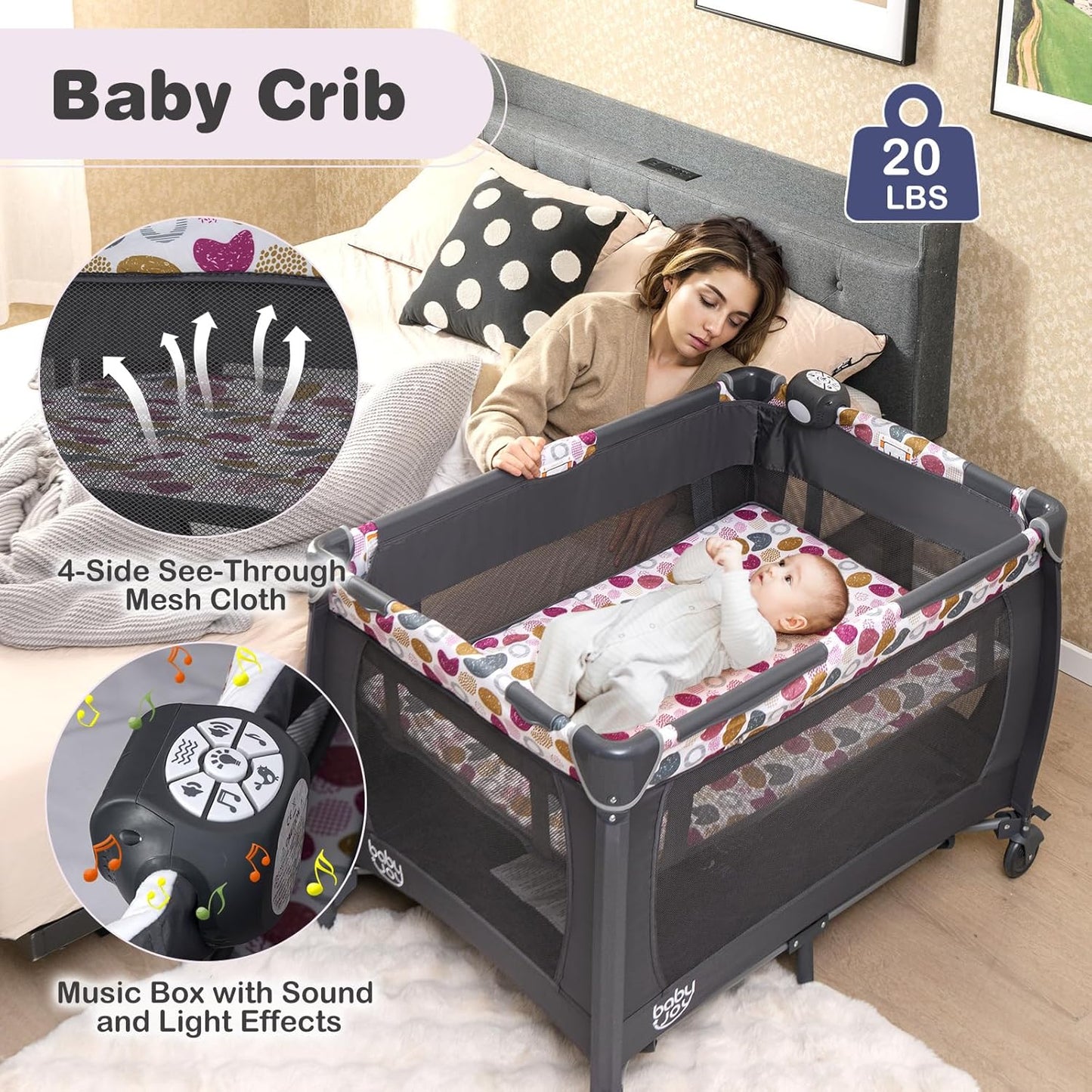 5 in 1 Pink Pack and Play, Portable Baby Playard with Bassinet & Changing Table, Infant Pink Girl Bassinet Nursery Center W/Toys & Music & Oxford Bag for Baby Toddlers (Rose, Dot Circle)