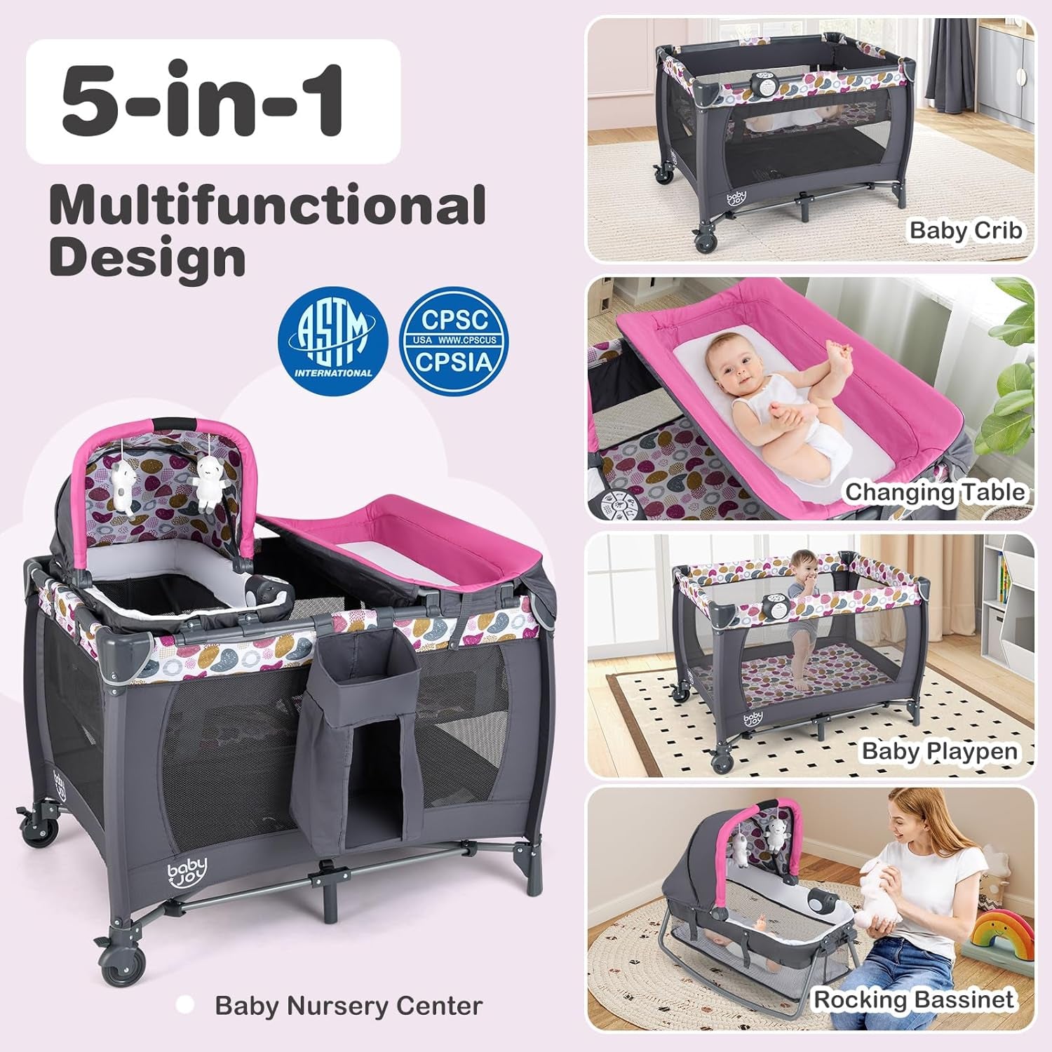 5 in 1 Pink Pack and Play, Portable Baby Playard with Bassinet & Changing Table, Infant Pink Girl Bassinet Nursery Center W/Toys & Music & Oxford Bag for Baby Toddlers (Rose, Dot Circle)