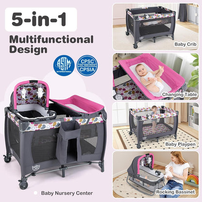 5 in 1 Pink Pack and Play, Portable Baby Playard with Bassinet & Changing Table, Infant Pink Girl Bassinet Nursery Center W/Toys & Music & Oxford Bag for Baby Toddlers (Rose, Dot Circle)