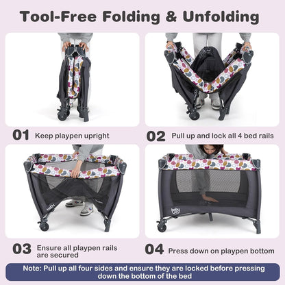 5 in 1 Pink Pack and Play, Portable Baby Playard with Bassinet & Changing Table, Infant Pink Girl Bassinet Nursery Center W/Toys & Music & Oxford Bag for Baby Toddlers (Rose, Dot Circle)