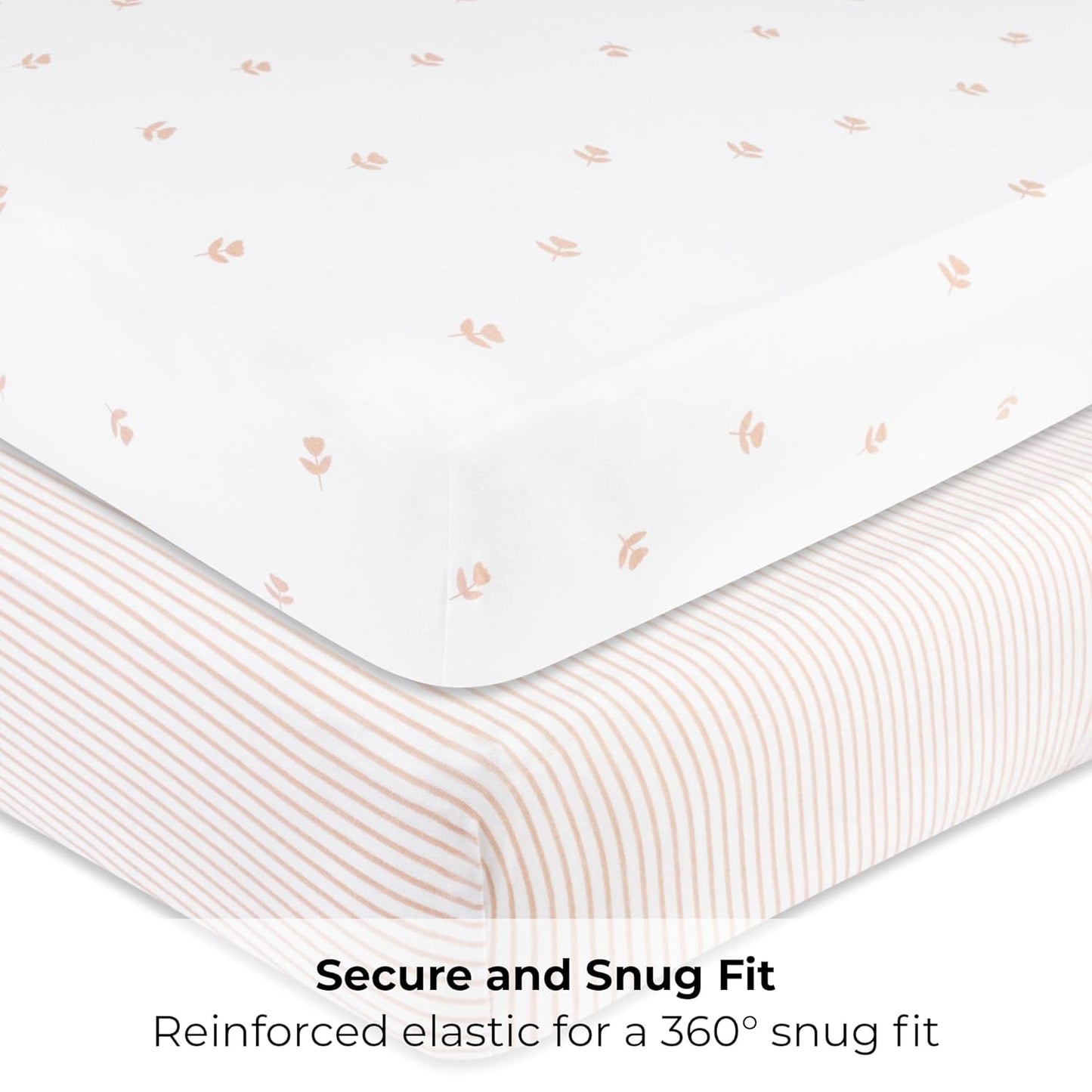 Ely’S & Co. Pack and Play Sheets, for Mini/Portable Crib, 2 Pack Fitted Playpen Play Yard Sheet Set Compatible with Graco Pack N Play, for Baby Girls, 100% Cotton, Pink Tulips and Stripes, 38”X24”X5”