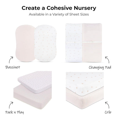 Ely’S & Co. Pack and Play Sheets, for Mini/Portable Crib, 2 Pack Fitted Playpen Play Yard Sheet Set Compatible with Graco Pack N Play, for Baby Girls, 100% Cotton, Pink Tulips and Stripes, 38”X24”X5”