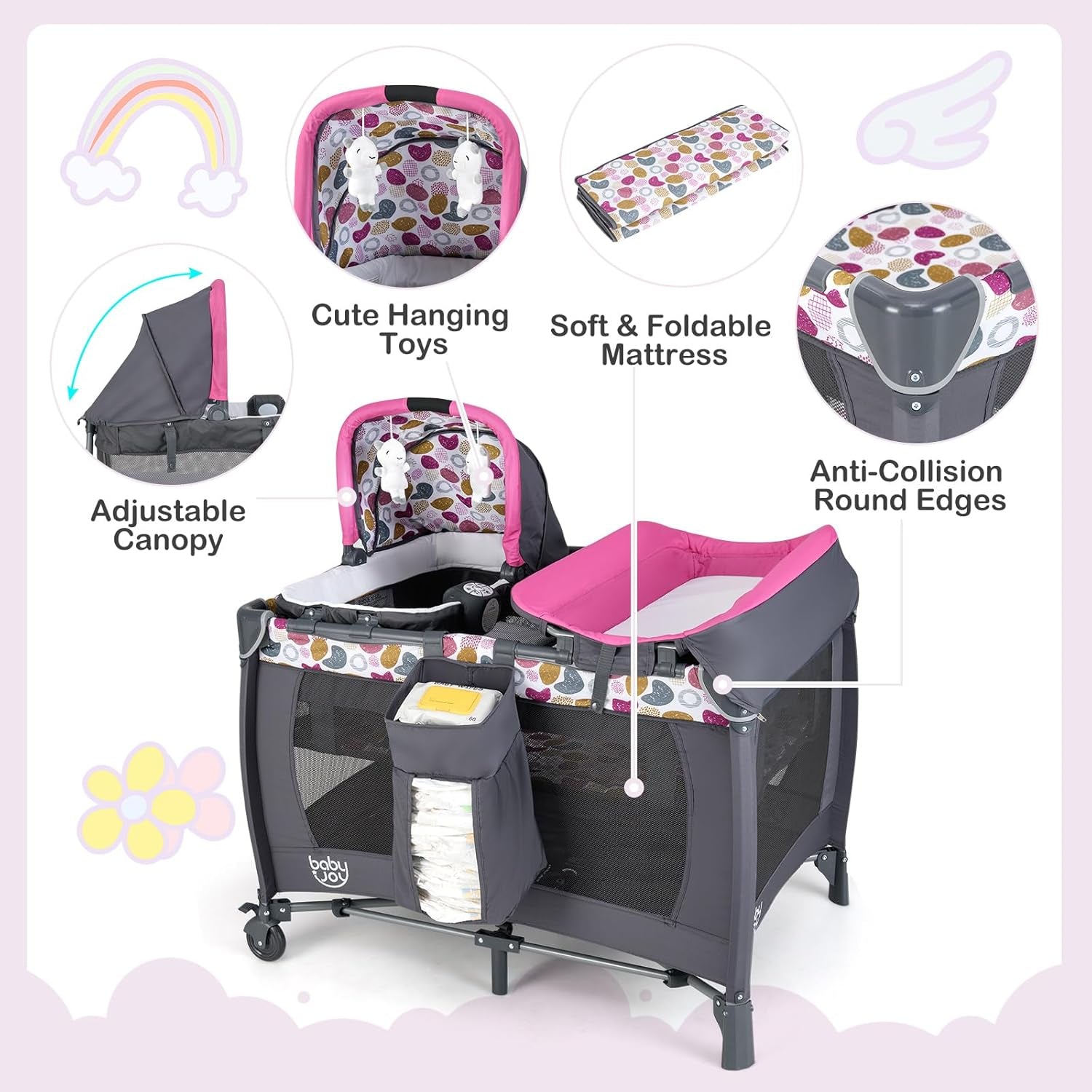 5 in 1 Pink Pack and Play, Portable Baby Playard with Bassinet & Changing Table, Infant Pink Girl Bassinet Nursery Center W/Toys & Music & Oxford Bag for Baby Toddlers (Rose, Dot Circle)