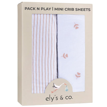 Ely’S & Co. Pack and Play Sheets, for Mini/Portable Crib, 2 Pack Fitted Playpen Play Yard Sheet Set Compatible with Graco Pack N Play, for Baby Girls, 100% Cotton, Pink Tulips and Stripes, 38”X24”X5”