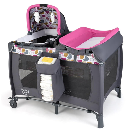 5 in 1 Pink Pack and Play, Portable Baby Playard with Bassinet & Changing Table, Infant Pink Girl Bassinet Nursery Center W/Toys & Music & Oxford Bag for Baby Toddlers (Rose, Dot Circle)
