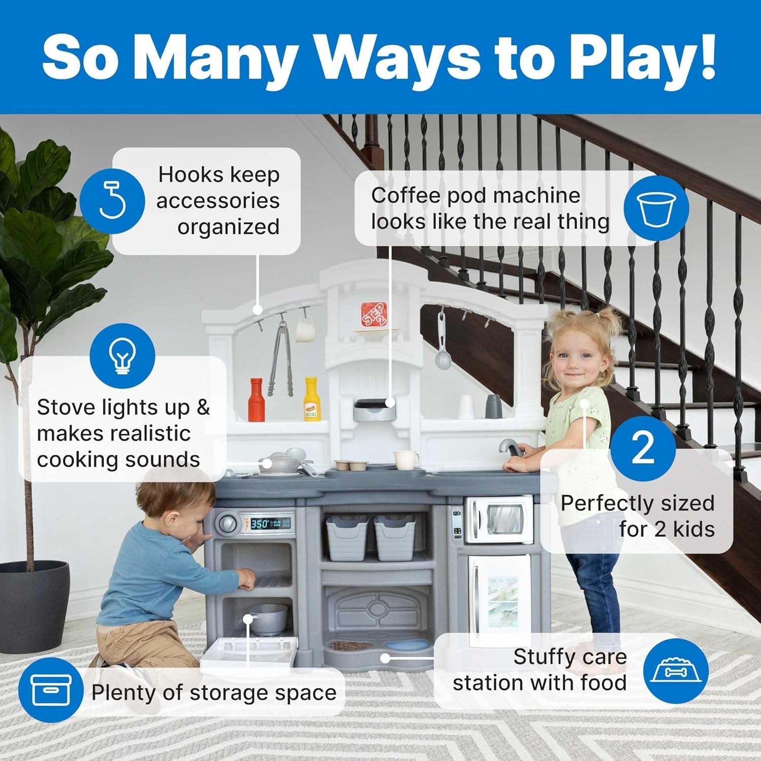 Fun with Friends Kids Kitchen Playset, Indoor/Outdoor Kitchenette with Lights & Sounds, Durable Plastic, 25-Piece Toy Accessories, Toddlers 2+ Years, Gray