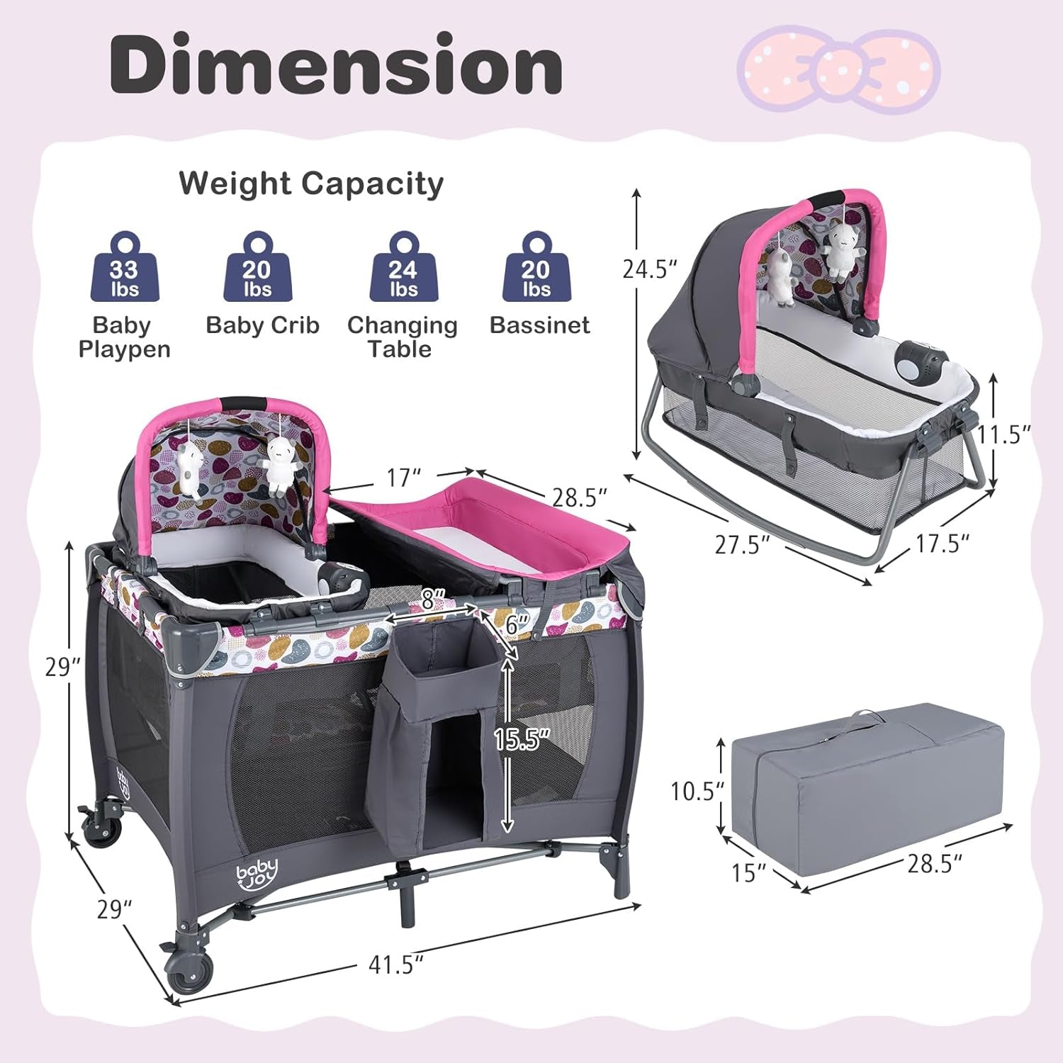 5 in 1 Pink Pack and Play, Portable Baby Playard with Bassinet & Changing Table, Infant Pink Girl Bassinet Nursery Center W/Toys & Music & Oxford Bag for Baby Toddlers (Rose, Dot Circle)