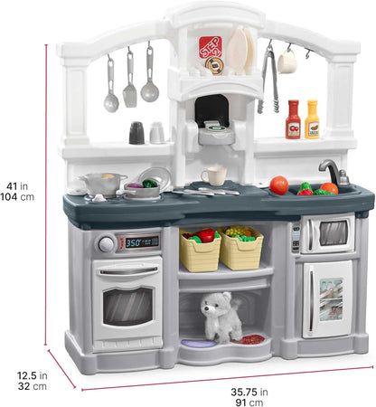 Fun with Friends Kids Kitchen Playset, Indoor/Outdoor Kitchenette with Lights & Sounds, Durable Plastic, 25-Piece Toy Accessories, Toddlers 2+ Years, Gray