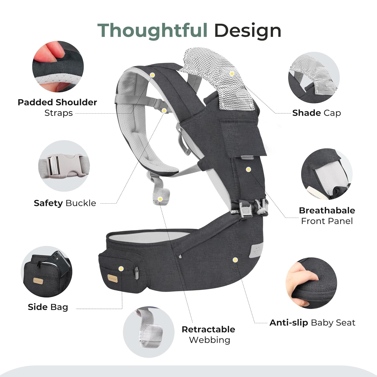 6-In-1 Baby Carrier with Waist Stool, One Size Fits All -Adapt to Newborn, Baby Hip Carrier for Breastfeeding, Infant & Toddler