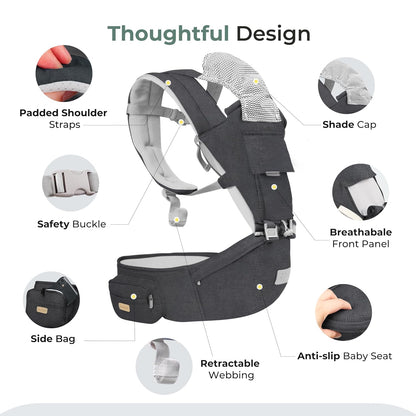 6-In-1 Baby Carrier with Waist Stool, One Size Fits All -Adapt to Newborn, Baby Hip Carrier for Breastfeeding, Infant & Toddler