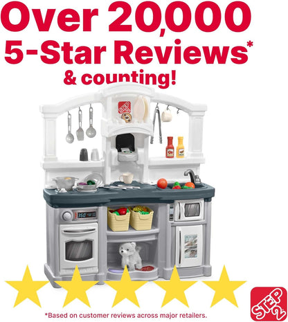 Fun with Friends Kids Kitchen Playset, Indoor/Outdoor Kitchenette with Lights & Sounds, Durable Plastic, 25-Piece Toy Accessories, Toddlers 2+ Years, Gray