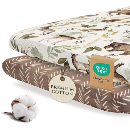 - 2 Pack Premium Pack N Play Sheets Fitted for Standard Pack and Plays and Mini Cribs - Ultra-Soft Cotton Blend, Stylish Woodland Pattern, Safe and Snug for Baby (Wildlife)