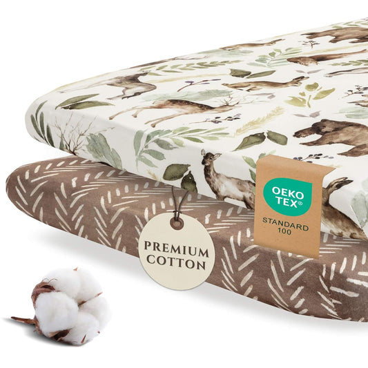 - 2 Pack Premium Pack N Play Sheets Fitted for Standard Pack and Plays and Mini Cribs - Ultra-Soft Cotton Blend, Stylish Woodland Pattern, Safe and Snug for Baby (Wildlife)