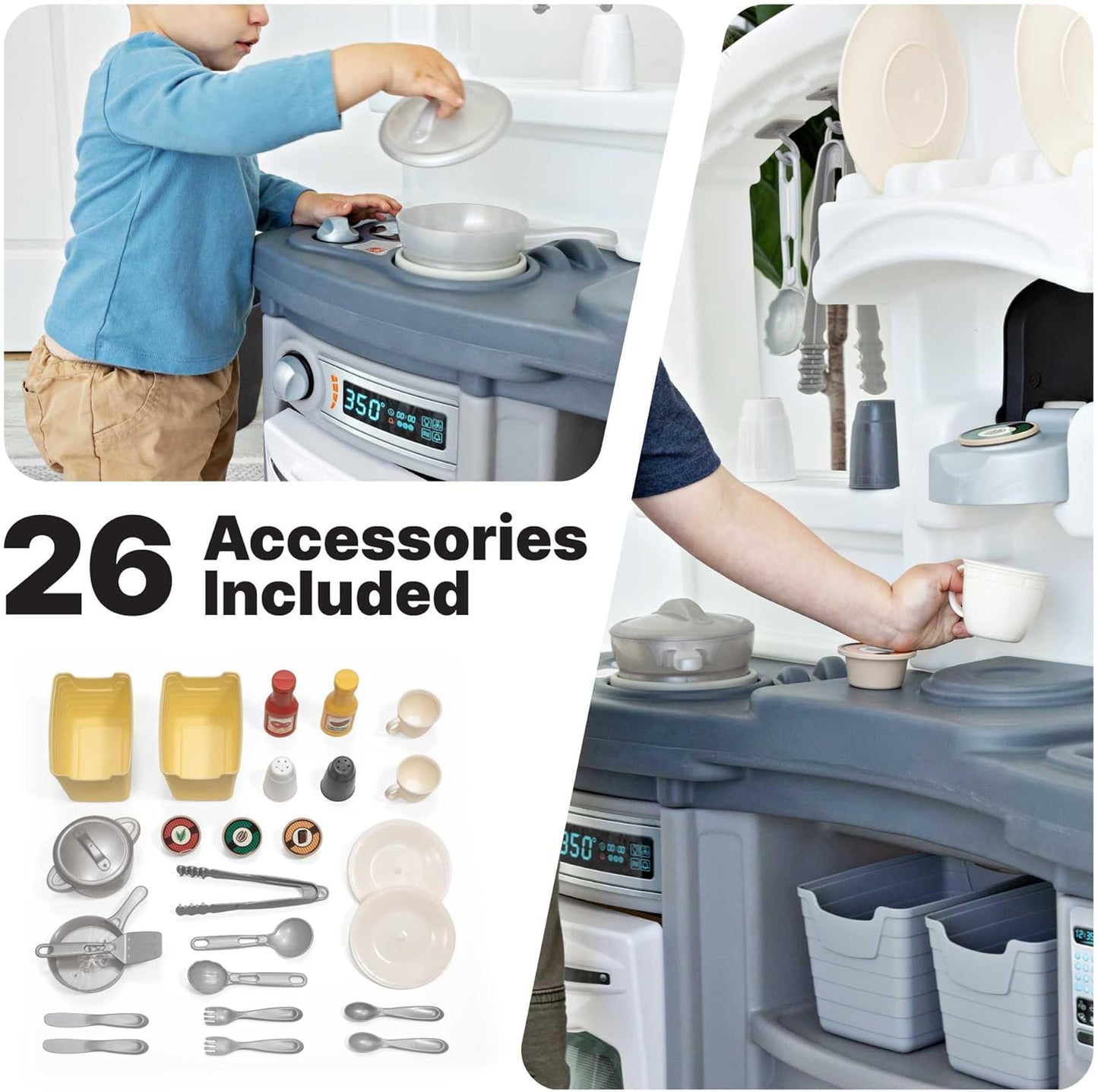 Fun with Friends Kids Kitchen Playset, Indoor/Outdoor Kitchenette with Lights & Sounds, Durable Plastic, 25-Piece Toy Accessories, Toddlers 2+ Years, Gray