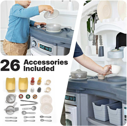 Fun with Friends Kids Kitchen Playset, Indoor/Outdoor Kitchenette with Lights & Sounds, Durable Plastic, 25-Piece Toy Accessories, Toddlers 2+ Years, Gray